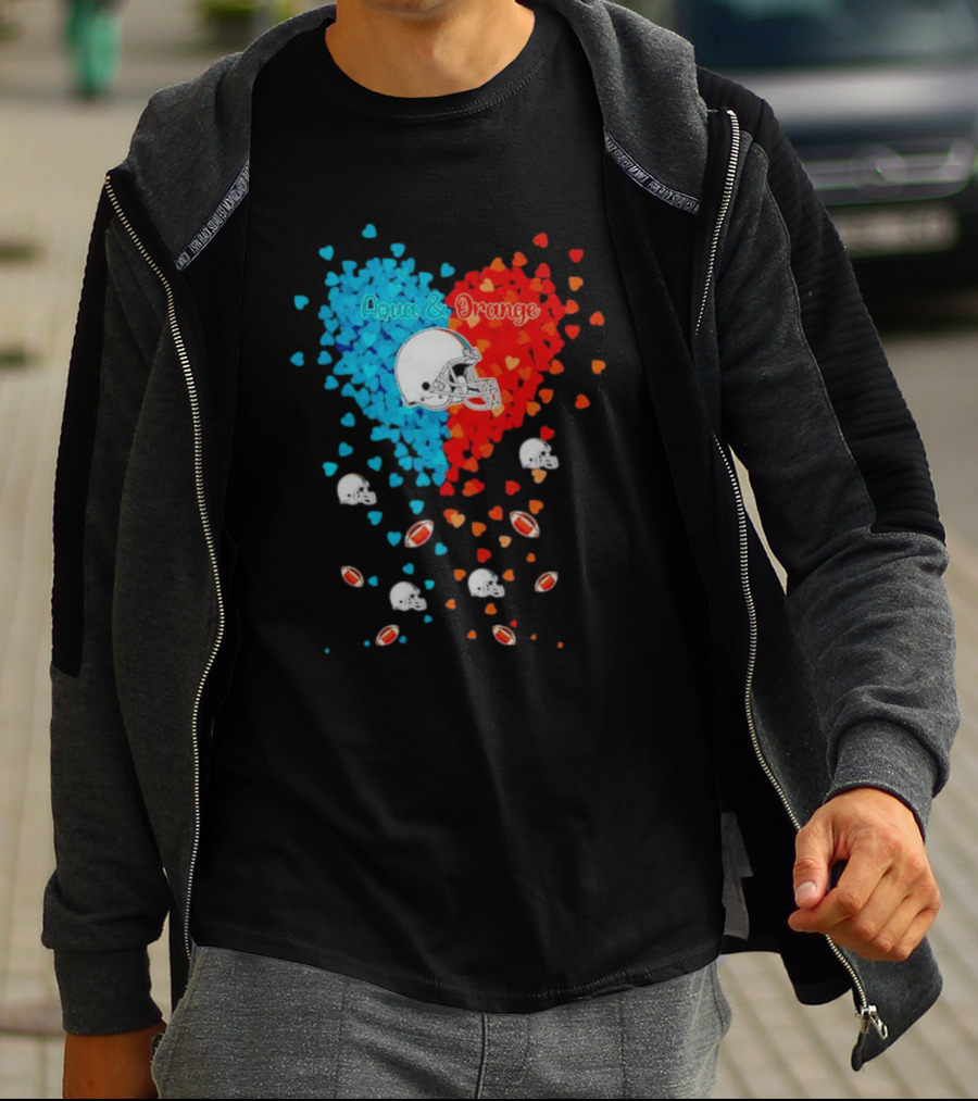 Aqua And Orange Miami Dolphins Hearts And Helmets Football T-Shirt