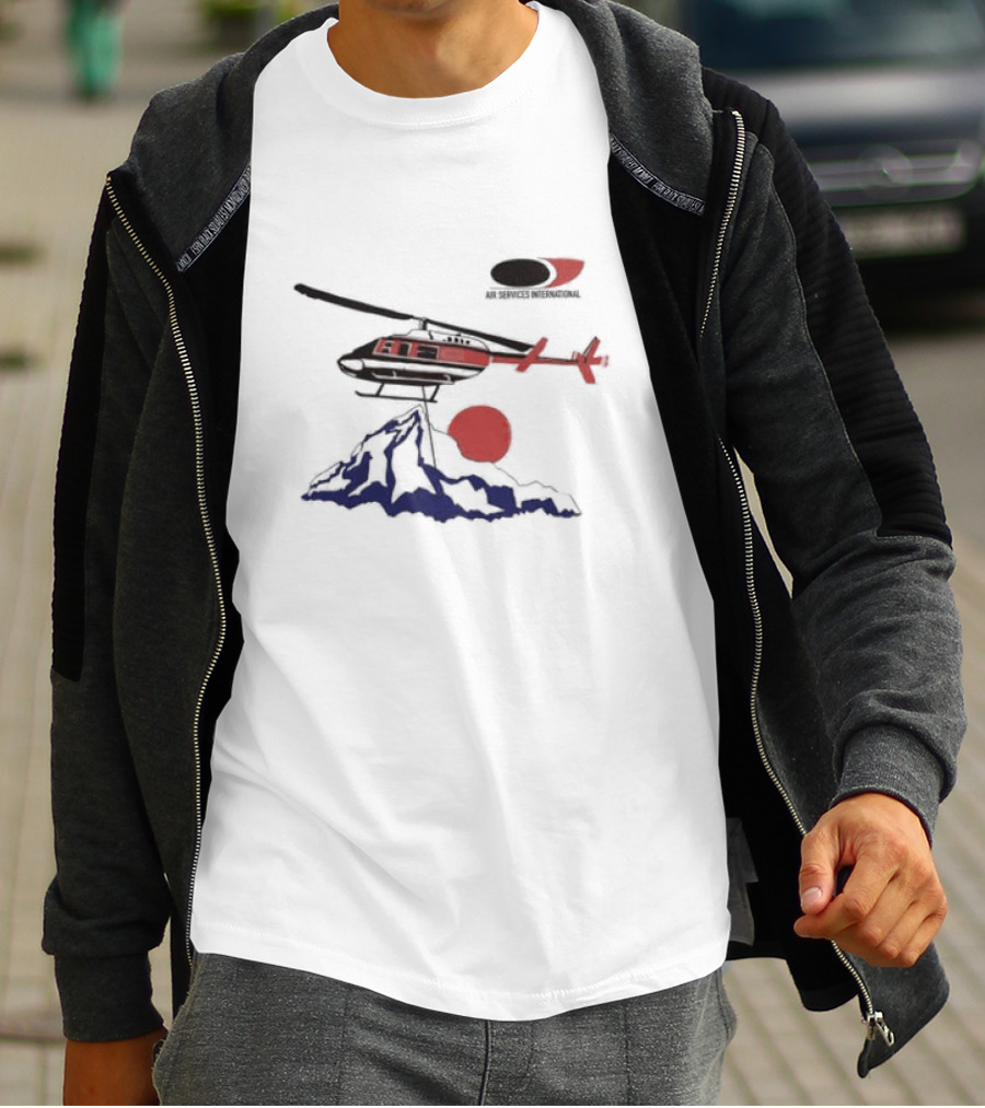 Air Services International Helicopter Over Mountain And Red Sun T-Shirt
