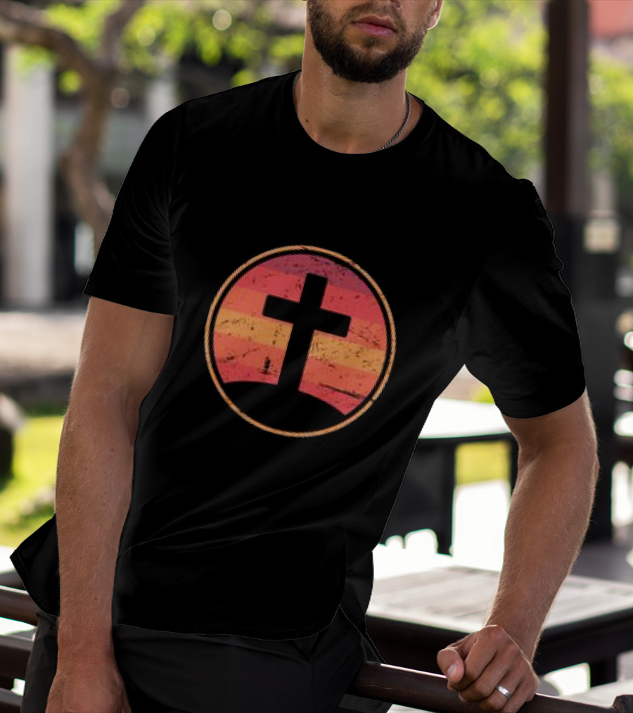 Retro Christian Cross Vintage Sunset On Champion T-Shirt