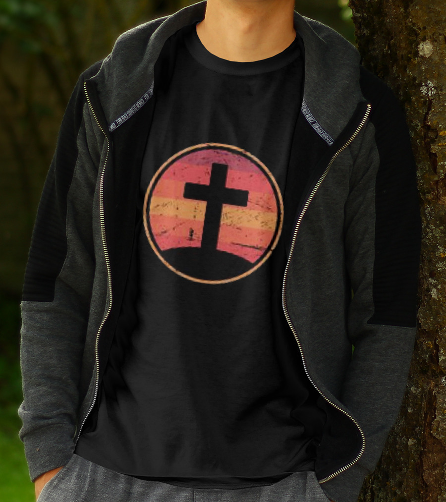 Retro Christian Cross Vintage Sunset On Champion T-Shirt