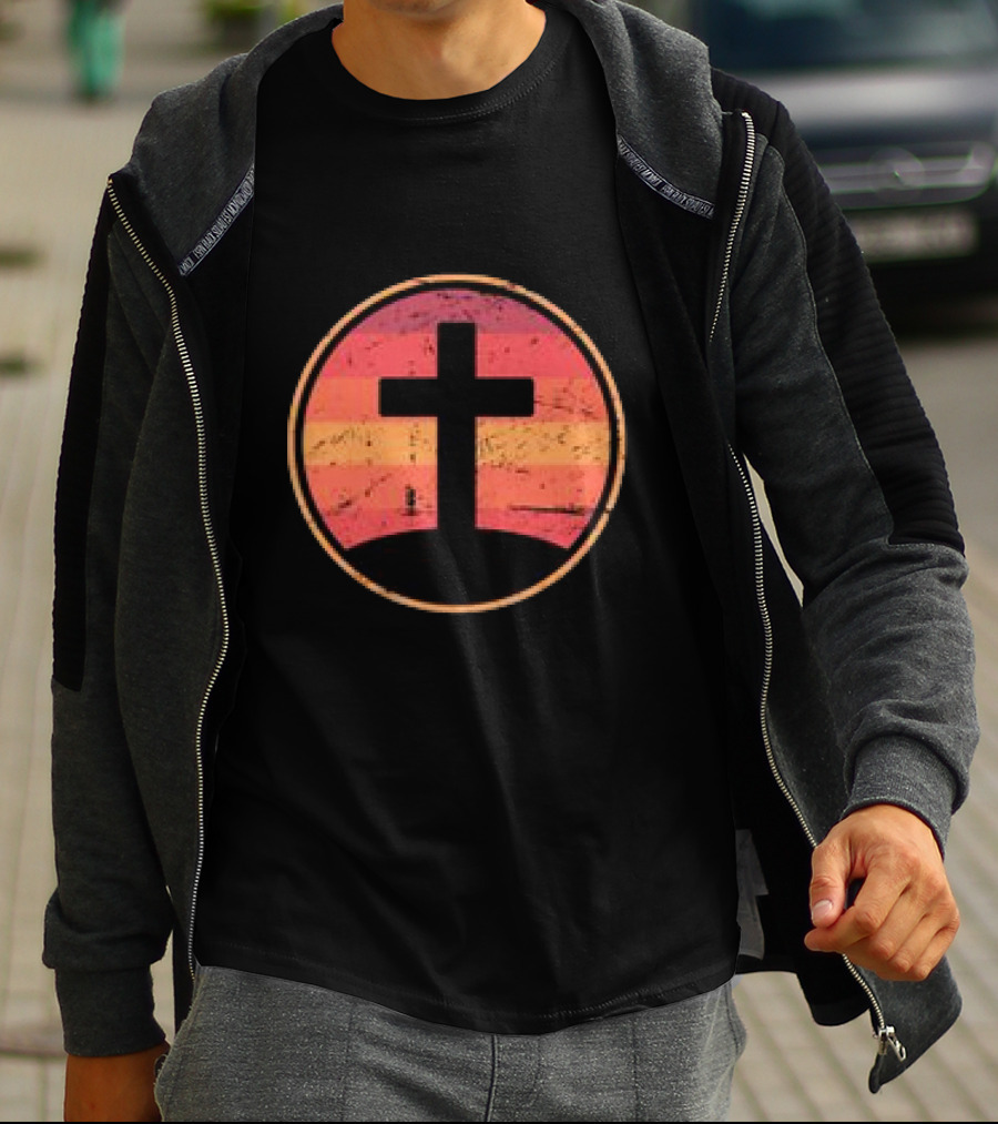 Retro Christian Cross Vintage Sunset On Champion T-Shirt
