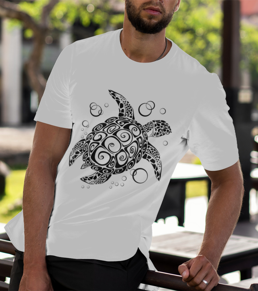 Sea Turtle Tribal Pattern With Bubbles T-Shirt