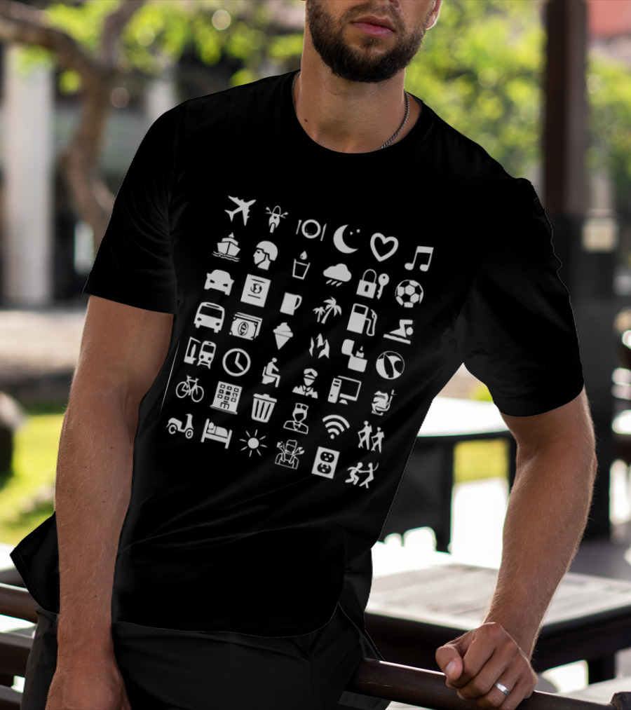 Symbol Travel Icons Airplane Music Bicycle Coffee Mug WiFi Soccer Bed Scooter Sun Plug Adventure T-Shirt