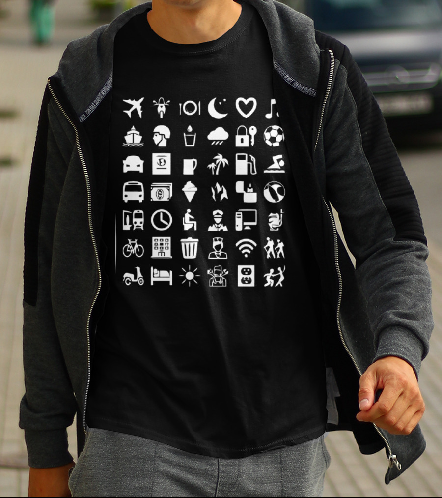 Symbol Travel Icons Airplane Music Bicycle Coffee Mug WiFi Soccer Bed Scooter Sun Plug Adventure T-Shirt