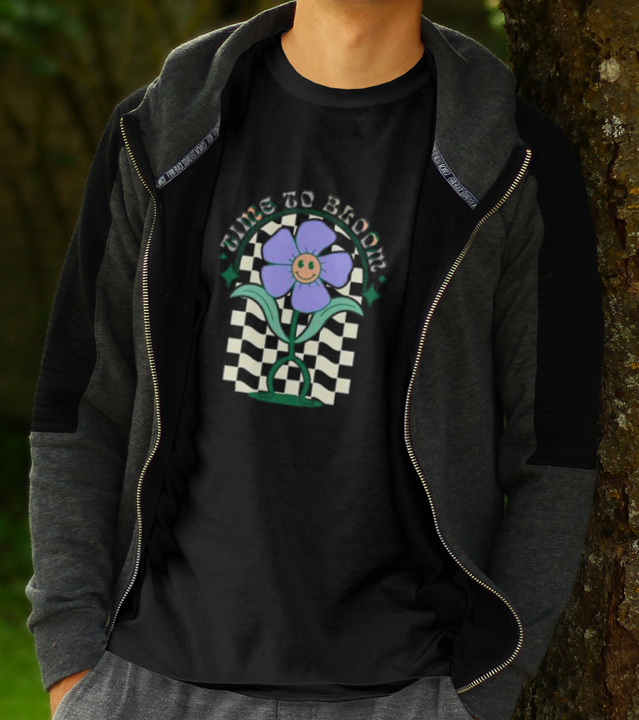 Time To Bloom Flower With Checkerboard Background And Smiley Face T-Shirt