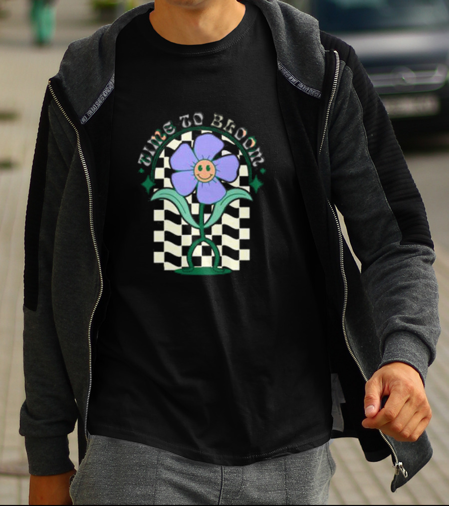 Time To Bloom Flower With Checkerboard Background And Smiley Face T-Shirt