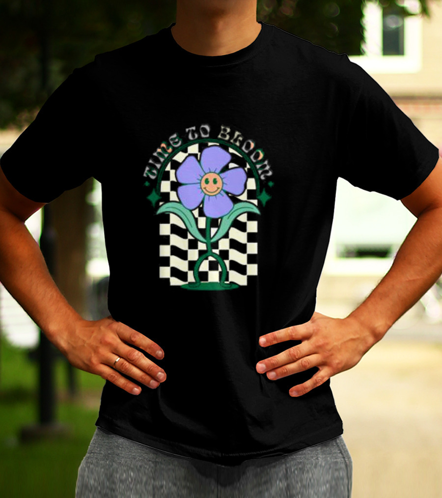 Time To Bloom Flower With Checkerboard Background And Smiley Face T-Shirt
