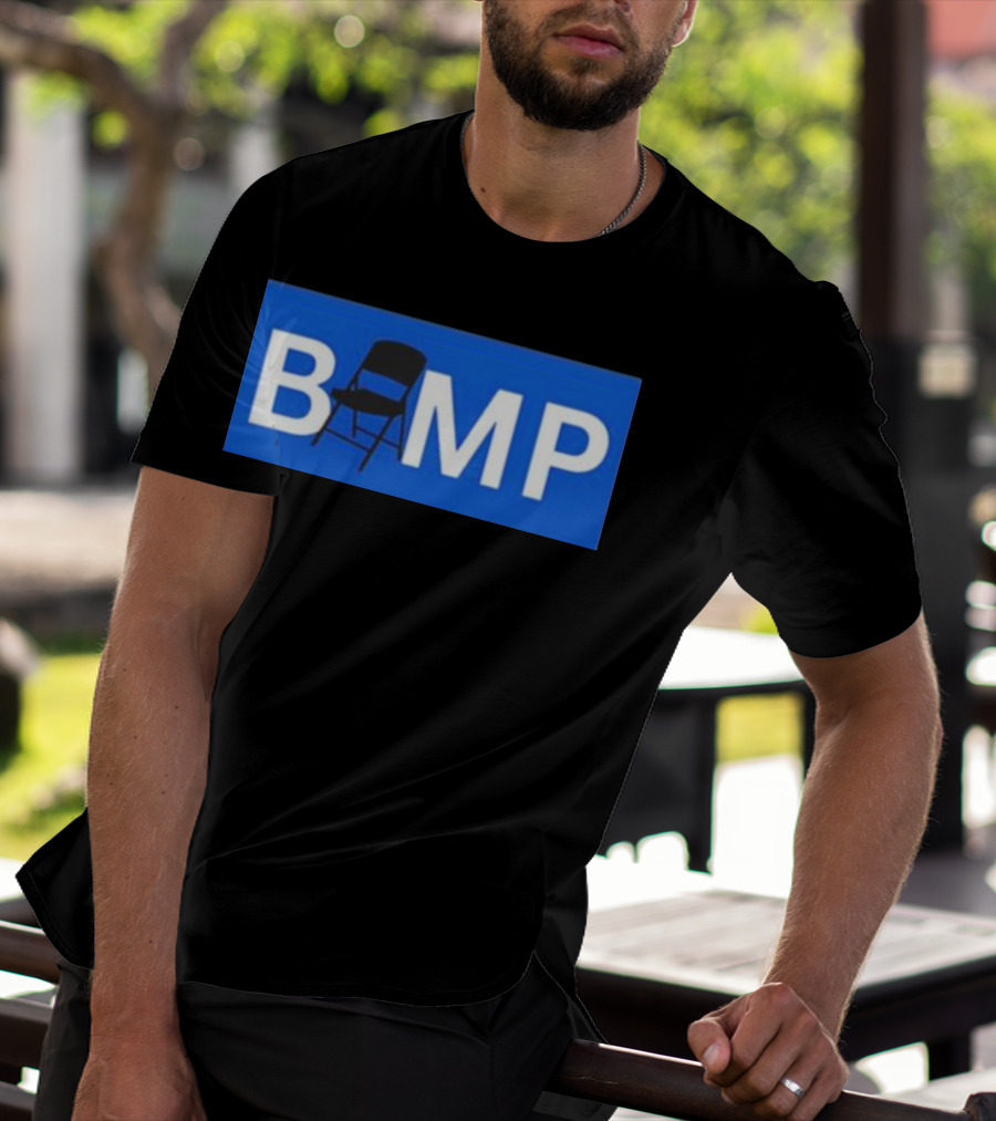 Bump Chair Logo With Folding Chair In Blue Block Letters T-Shirt