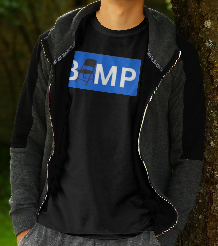 Bump Chair Logo With Folding Chair In Blue Block Letters T-Shirt