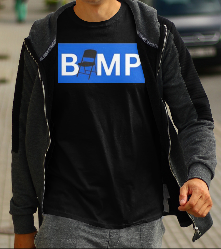 Bump Chair Logo With Folding Chair In Blue Block Letters T-Shirt