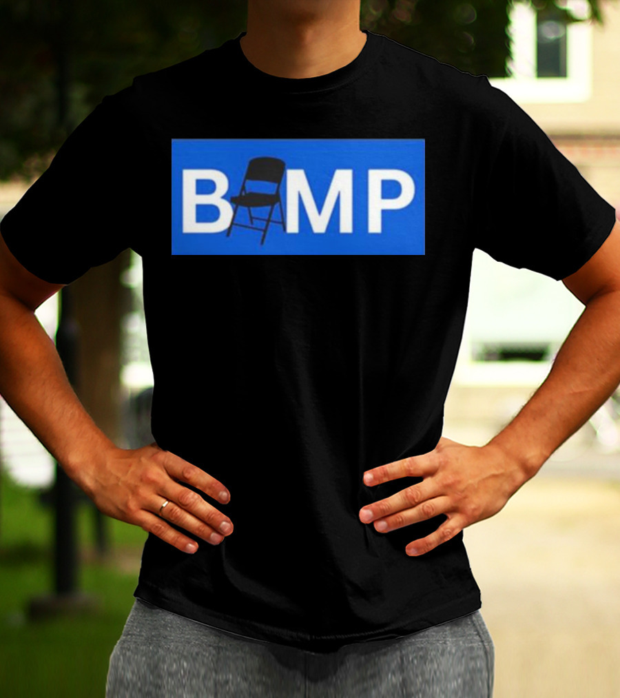Bump Chair Logo With Folding Chair In Blue Block Letters T-Shirt