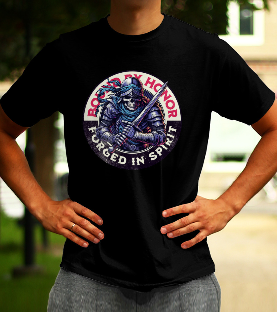 Bound By Honor Forged In Spirit Knight Skull With Sword T-Shirt