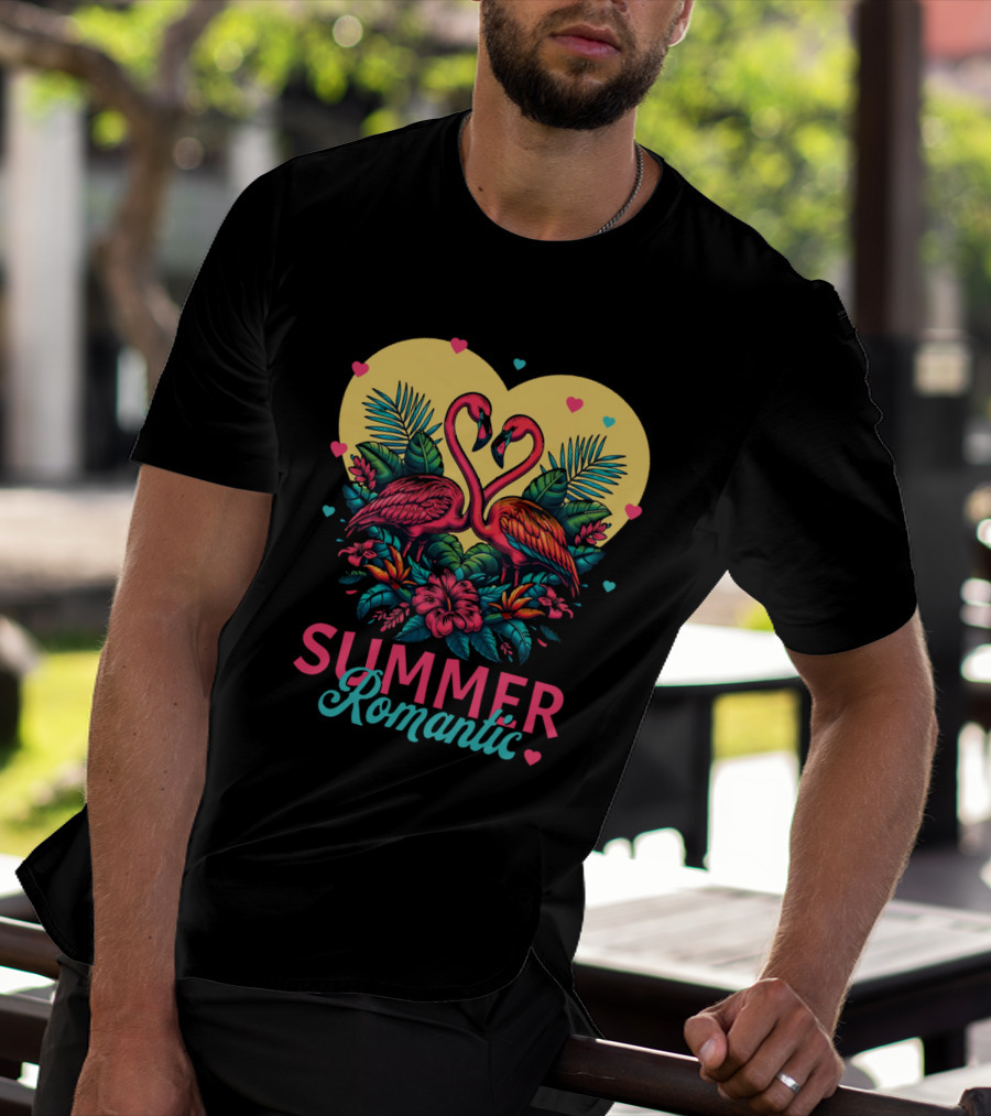 Summer Romantic Flamingo Birds Love Heart And Tropical Flowers T-Shirt