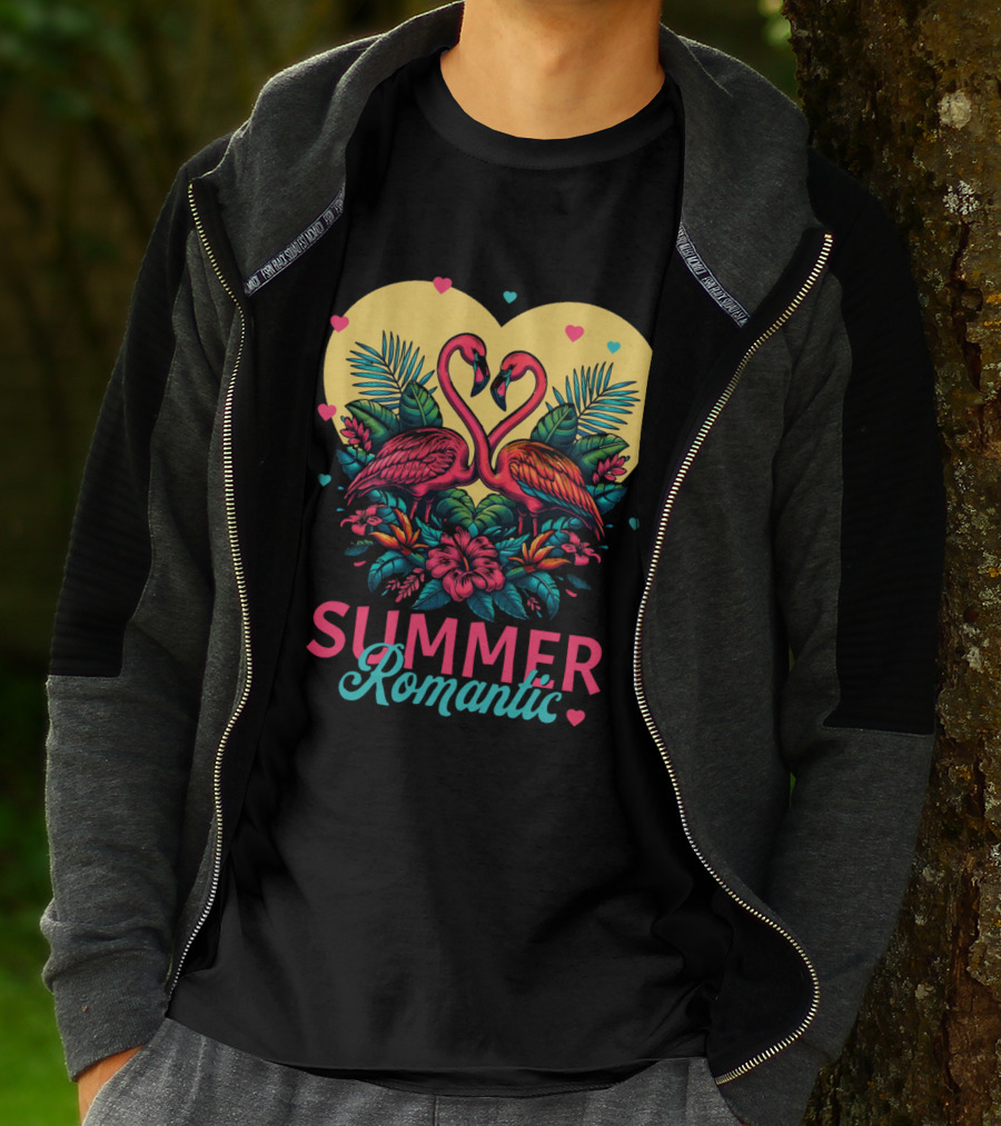 Summer Romantic Flamingo Birds Love Heart And Tropical Flowers T-Shirt