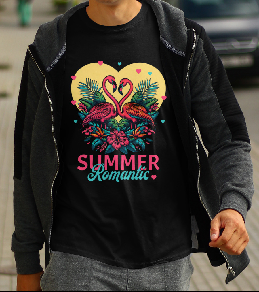 Summer Romantic Flamingo Birds Love Heart And Tropical Flowers T-Shirt