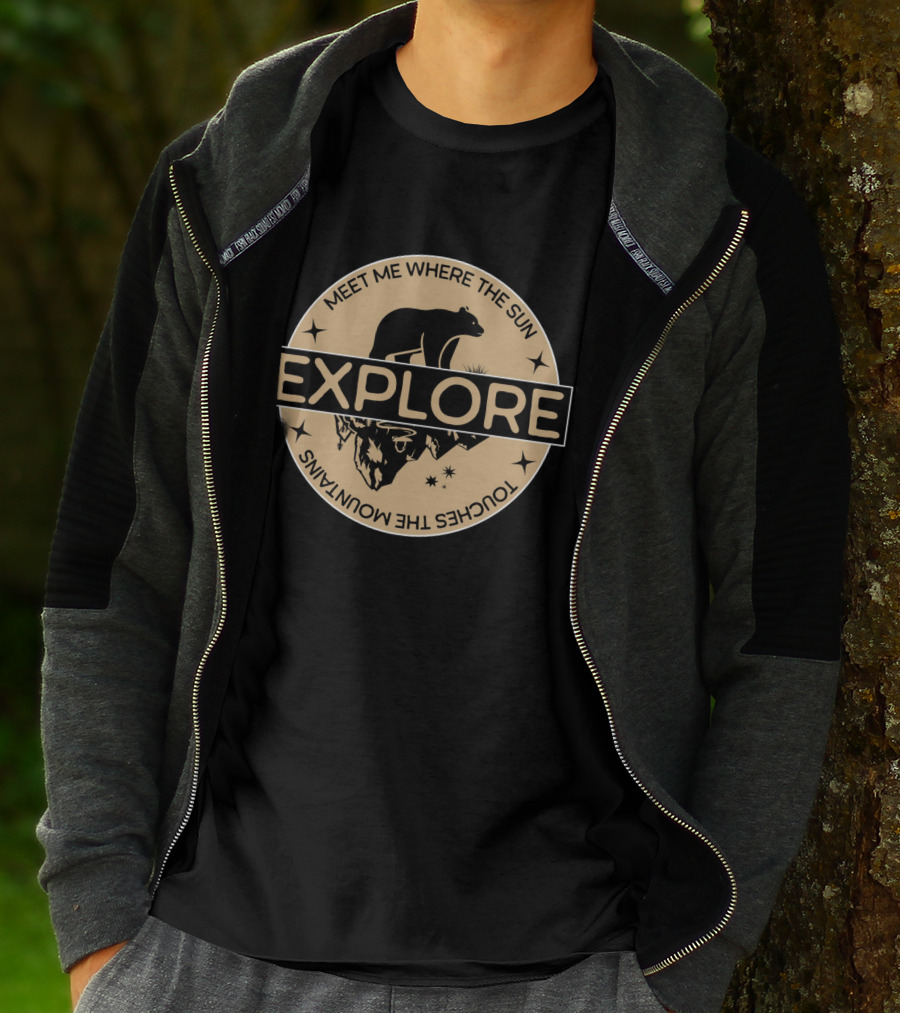 Explore Meet Me Where The Sun Touches The Mountains Bear Badge T-Shirt