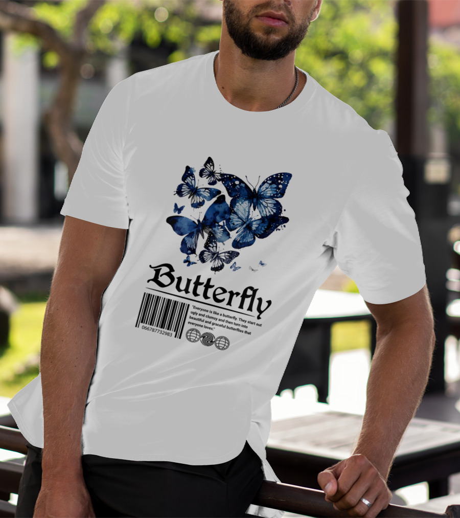 Butterfly Minimal Elegant Blue Watercolor Theme With Graceful Quote And Barcode T-Shirt