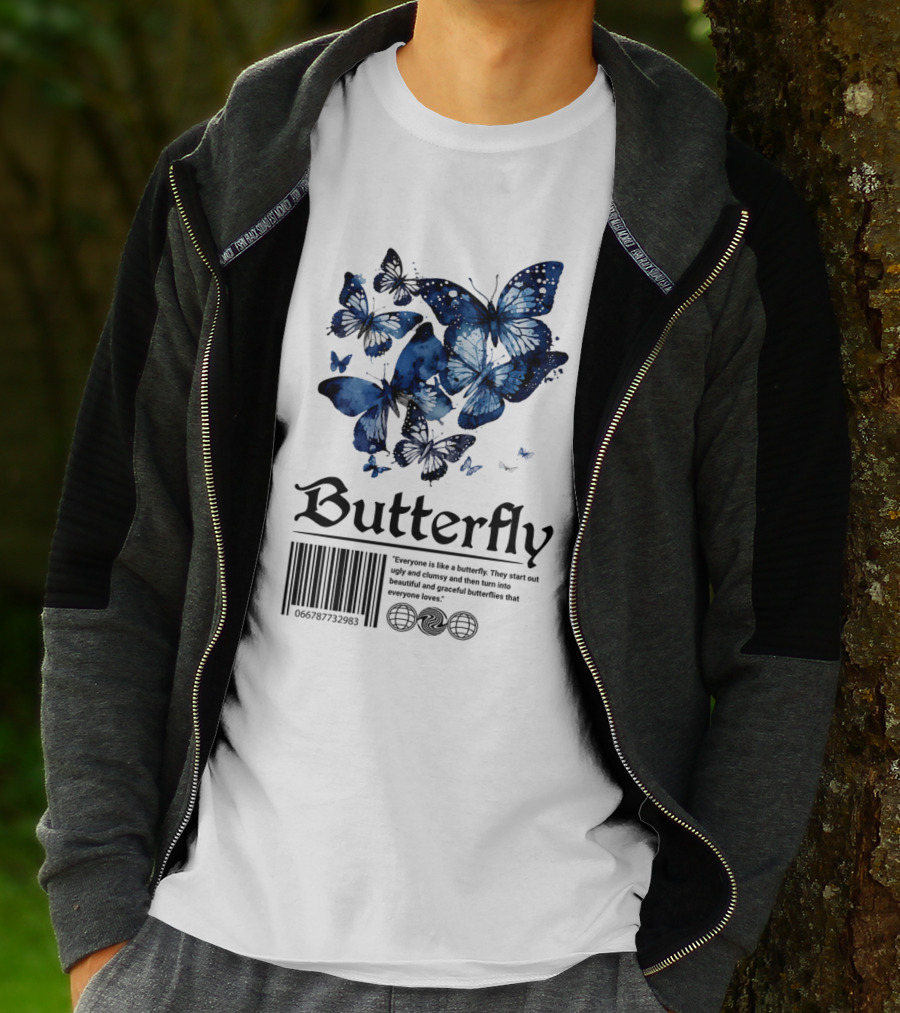 Butterfly Minimal Elegant Blue Watercolor Theme With Graceful Quote And Barcode T-Shirt
