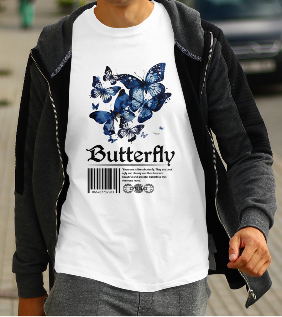 Butterfly Minimal Elegant Blue Watercolor Theme With Graceful Quote And Barcode T-Shirt
