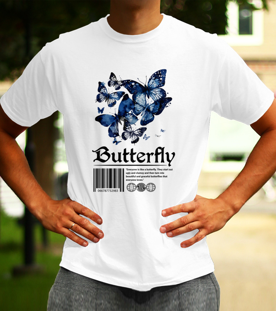 Butterfly Minimal Elegant Blue Watercolor Theme With Graceful Quote And Barcode T-Shirt