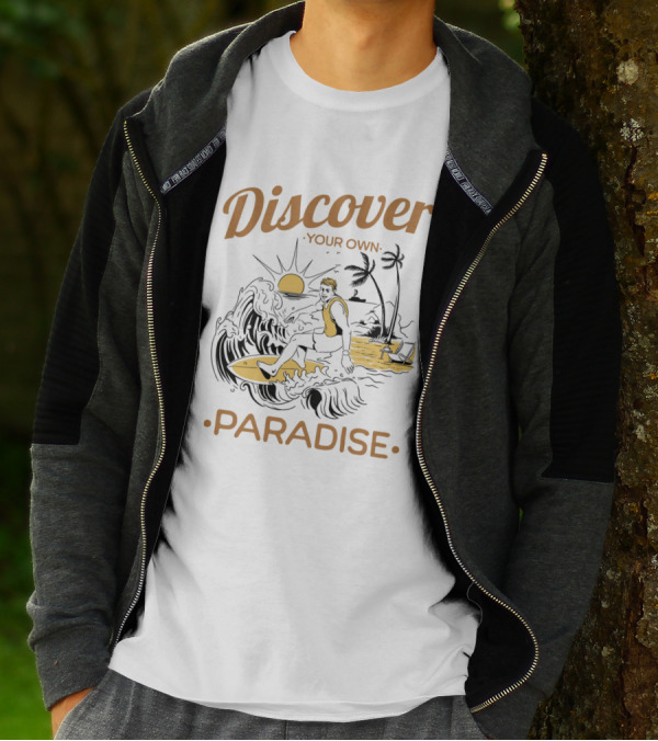 Discover Your Own Paradise Surfer Sunset Scene T-Shirt