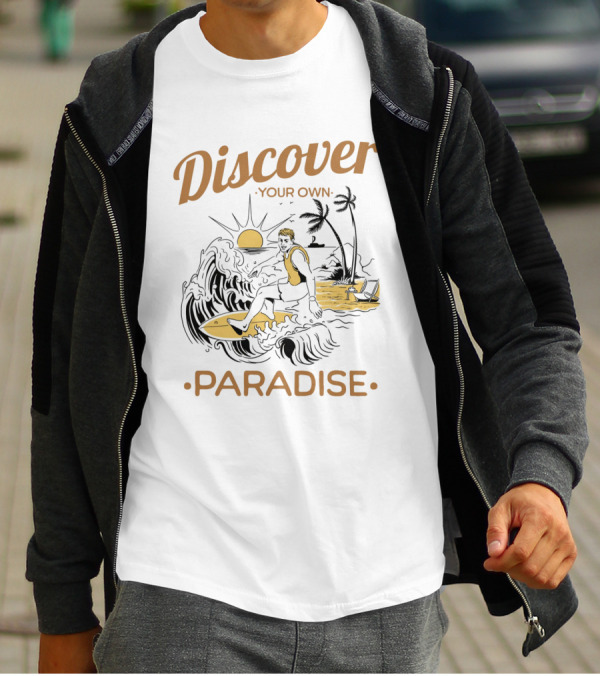 Discover Your Own Paradise Surfer Sunset Scene T-Shirt