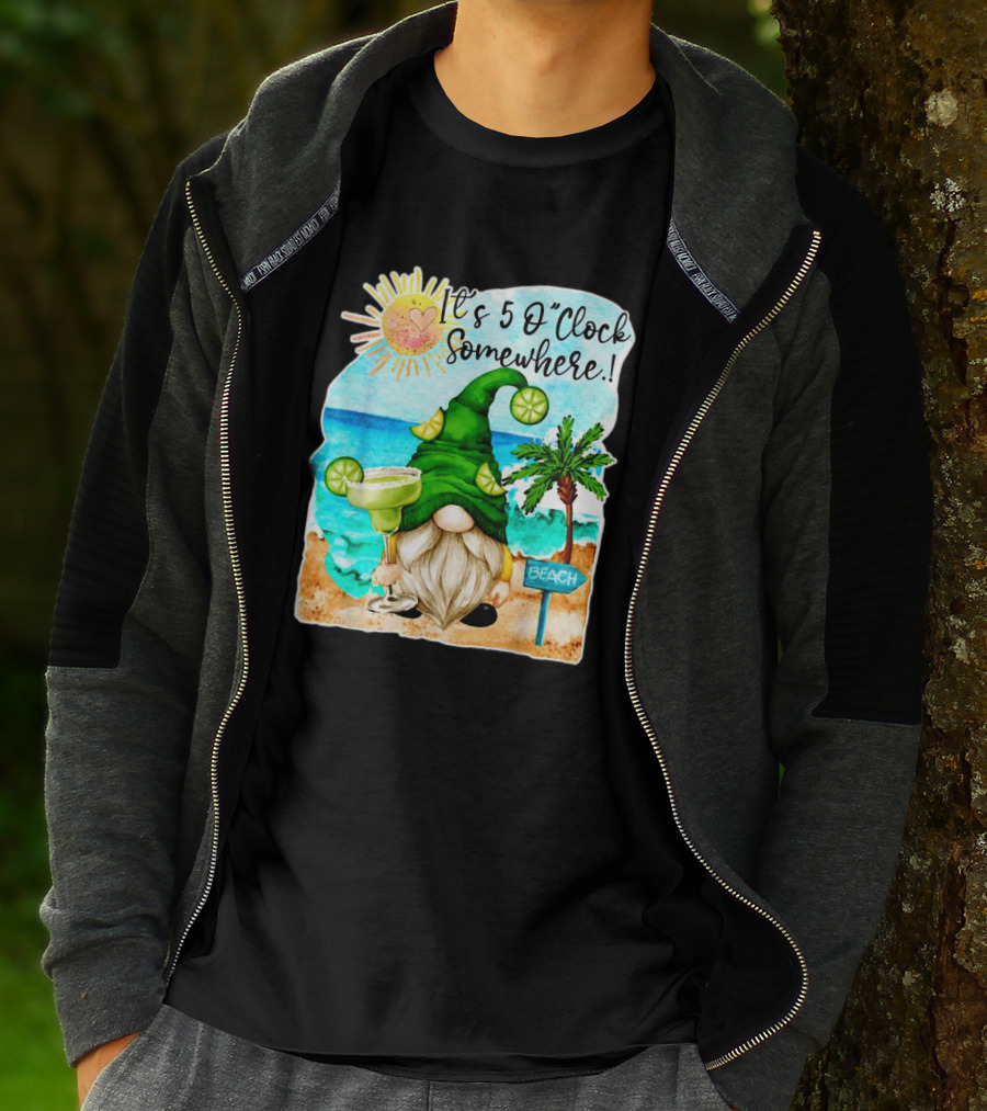 Margarita Gnome It’s 5 O’Clock Somewhere Palm Trees Beach Scene T-Shirt