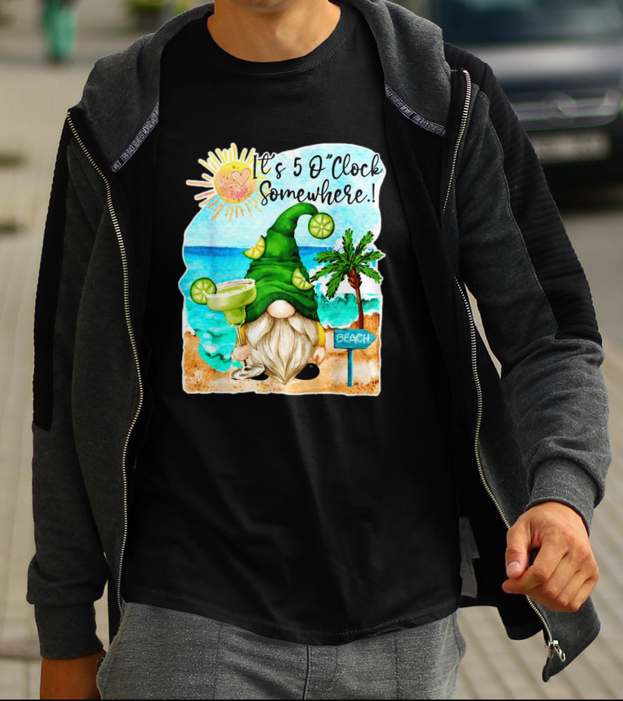 Margarita Gnome It’s 5 O’Clock Somewhere Palm Trees Beach Scene T-Shirt
