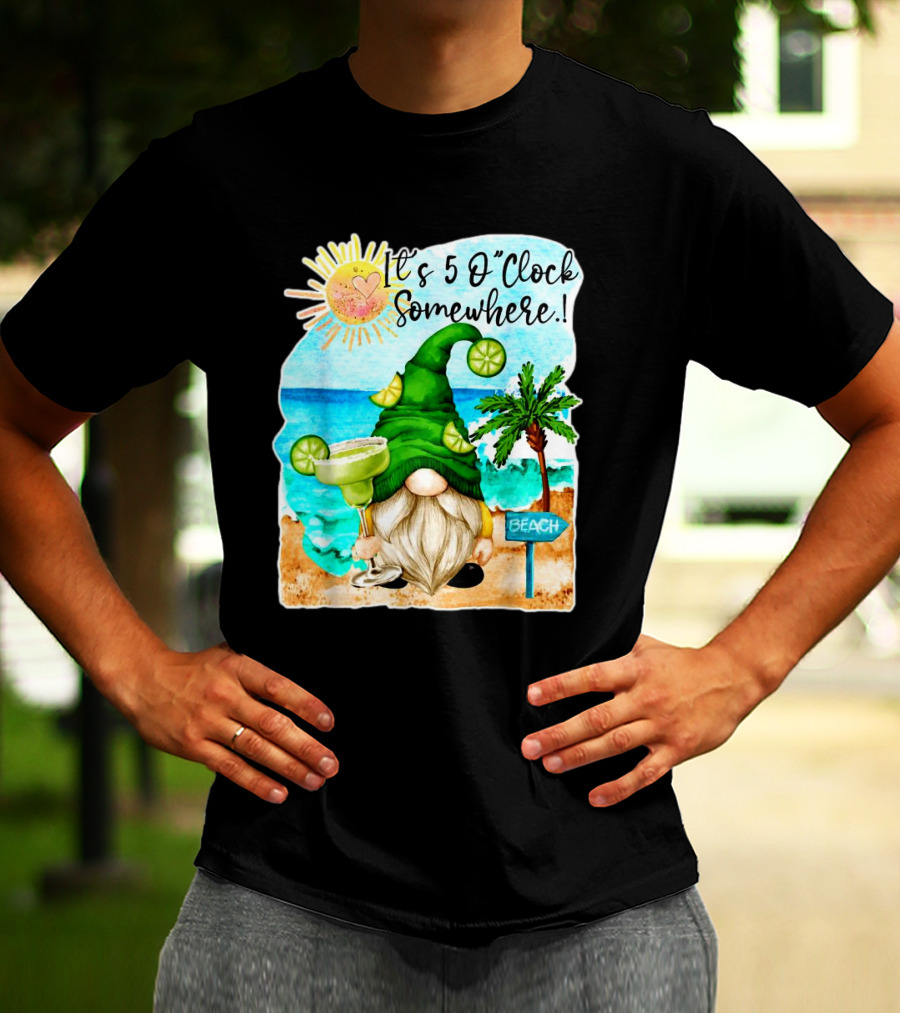 Margarita Gnome It’s 5 O’Clock Somewhere Palm Trees Beach Scene T-Shirt