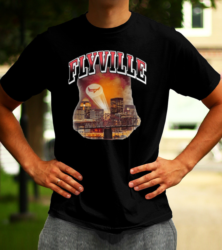Flyville Skyline With Spotlight Logo Over City Bridge T-Shirt