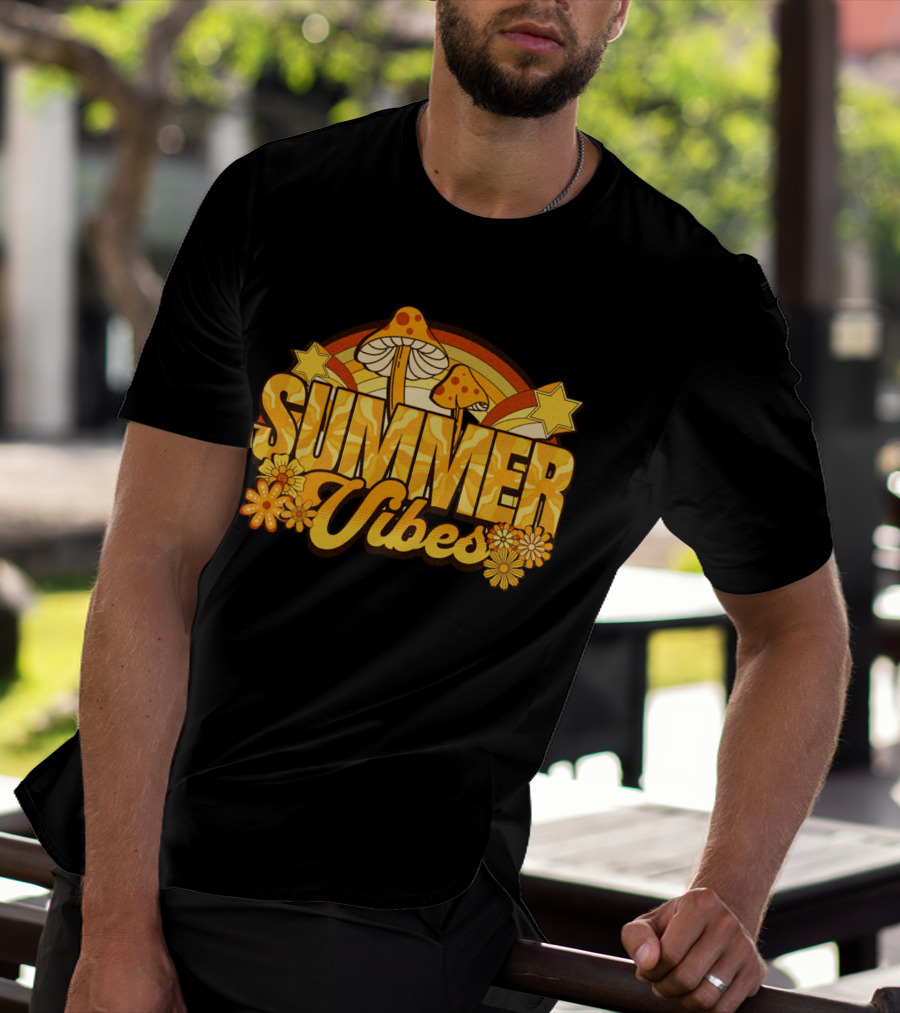 Groovy Summer Vibes With Mushroom And Flower Rainbow T-Shirt