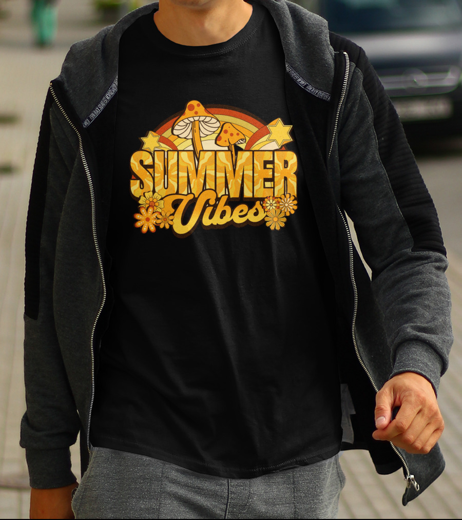 Groovy Summer Vibes With Mushroom And Flower Rainbow T-Shirt