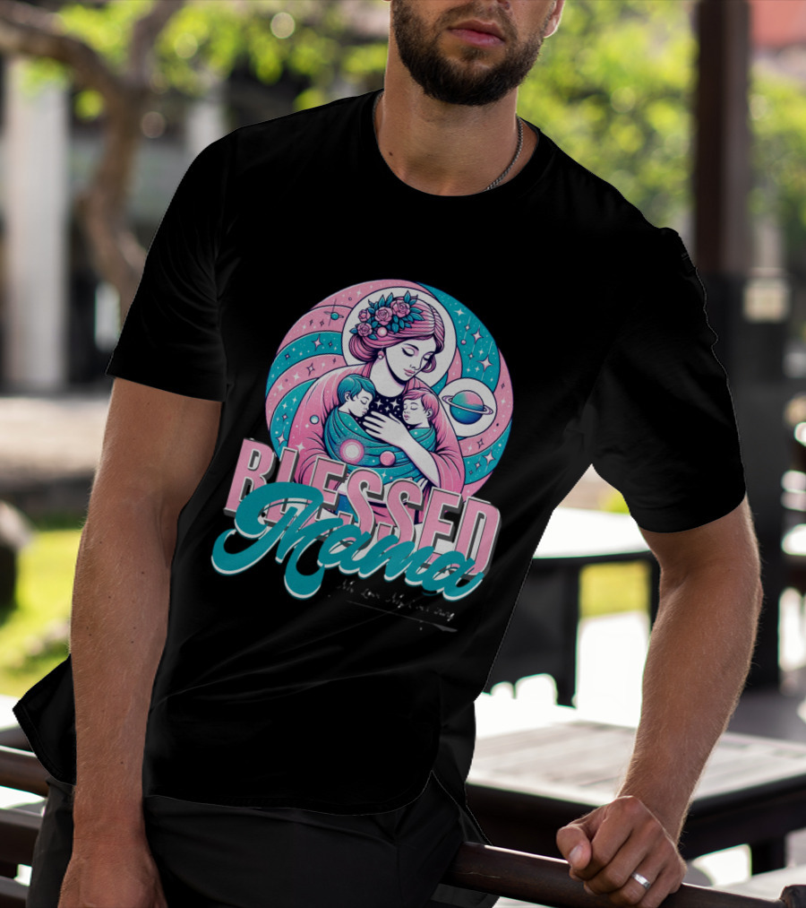 Blessed Mama Cosmic Mother With Children And Floral Halo T-Shirt