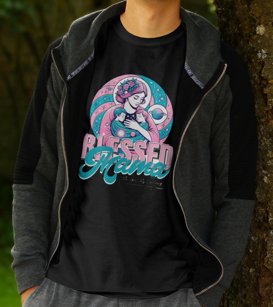 Blessed Mama Cosmic Mother With Children And Floral Halo T-Shirt