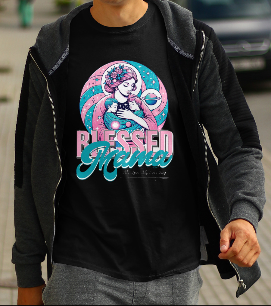 Blessed Mama Cosmic Mother With Children And Floral Halo T-Shirt