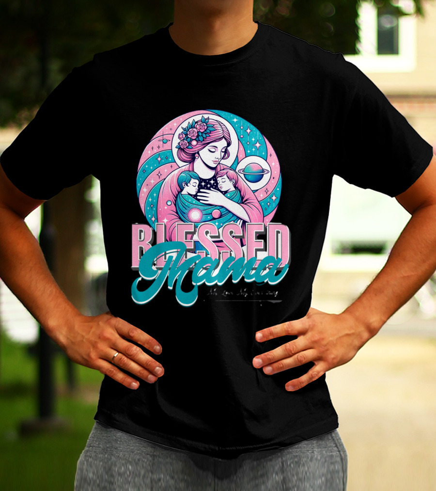 Blessed Mama Cosmic Mother With Children And Floral Halo T-Shirt
