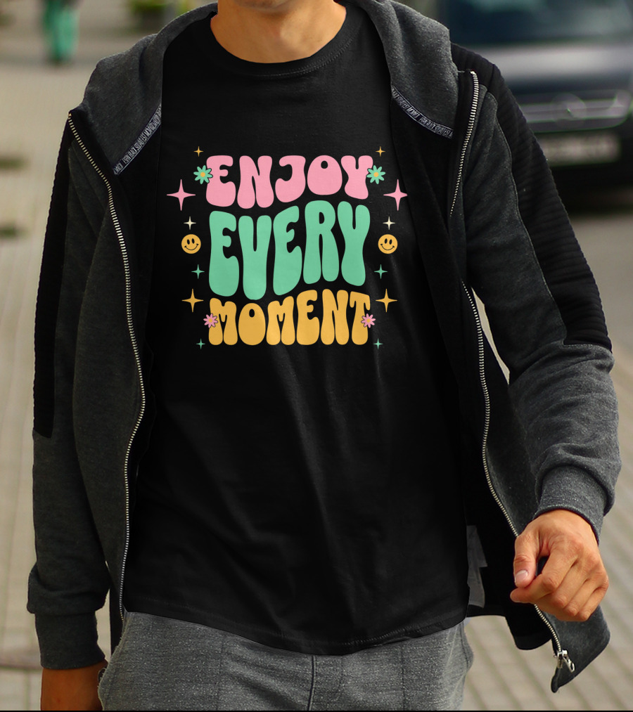 Enjoy Every Moment Retro Smiley Flowers And Stars T-Shirt