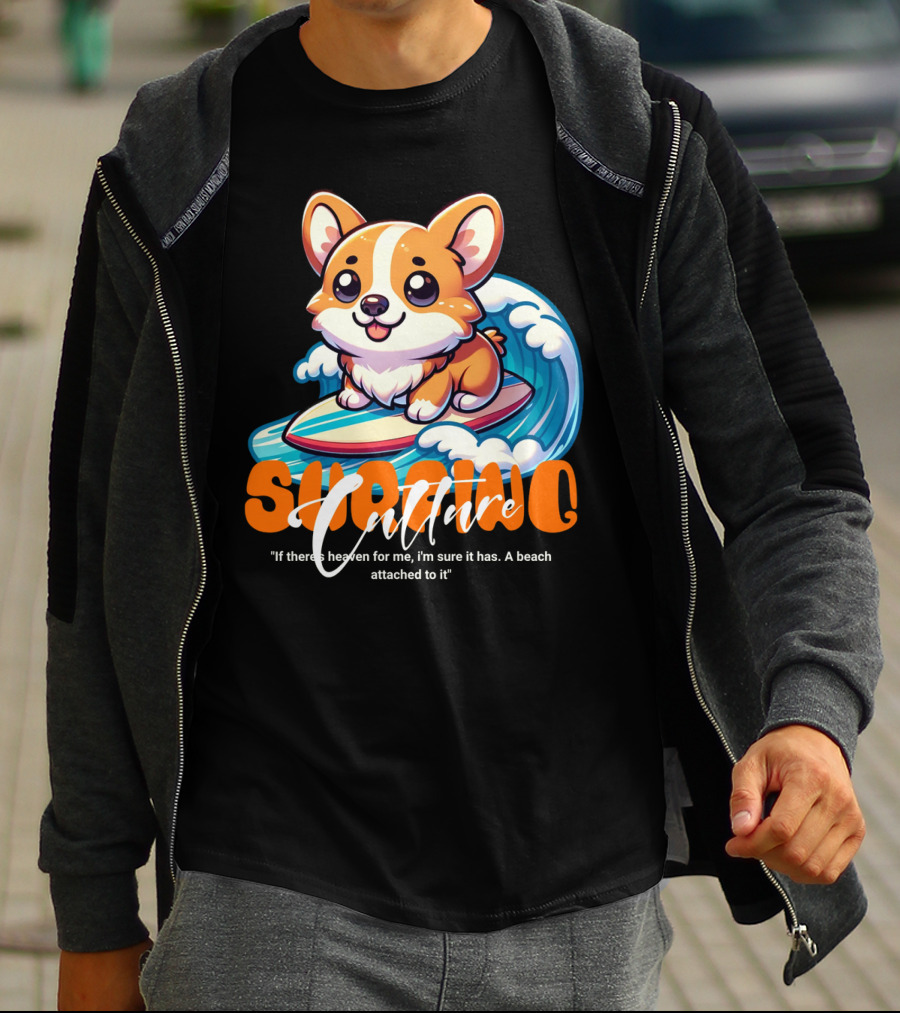 Surfing Culture Corgi On Surfboard With Wave T-Shirt