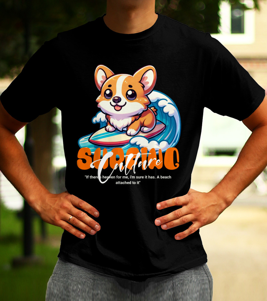 Surfing Culture Corgi On Surfboard With Wave T-Shirt