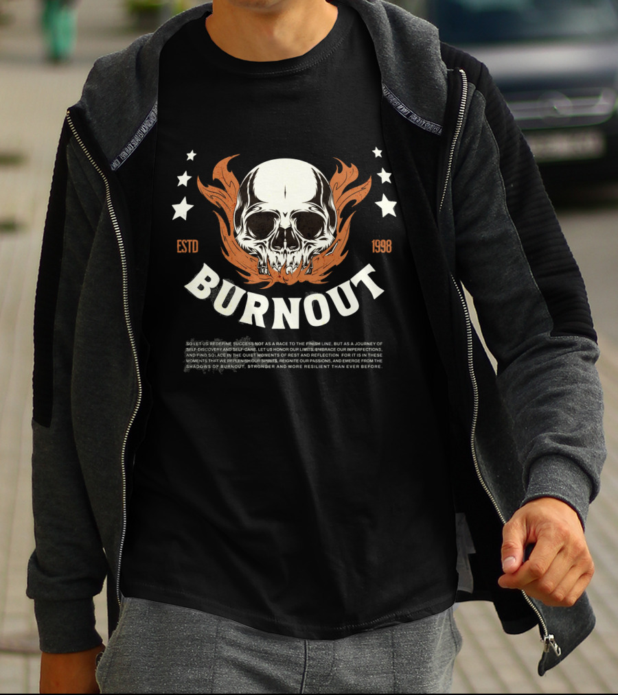 Burnout ESTD 1998 Skull With Flames And Stars T-Shirt