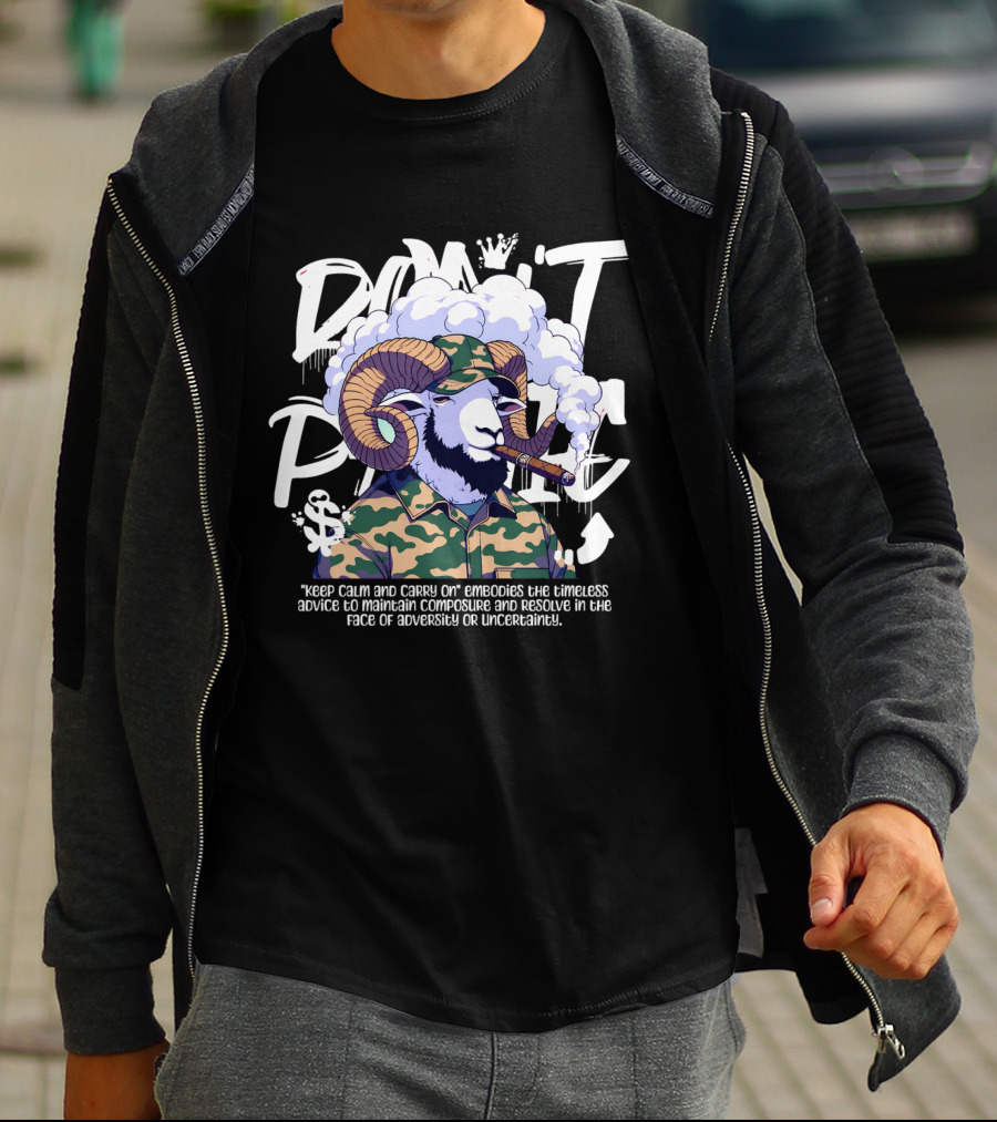 Don't Panic Keep Calm And Carry On Ram With Camo And Cigar T-Shirt