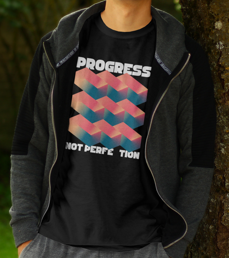 PROGRESS NOT PERFECTION Geometric Illusion 3D Blocks T-Shirt