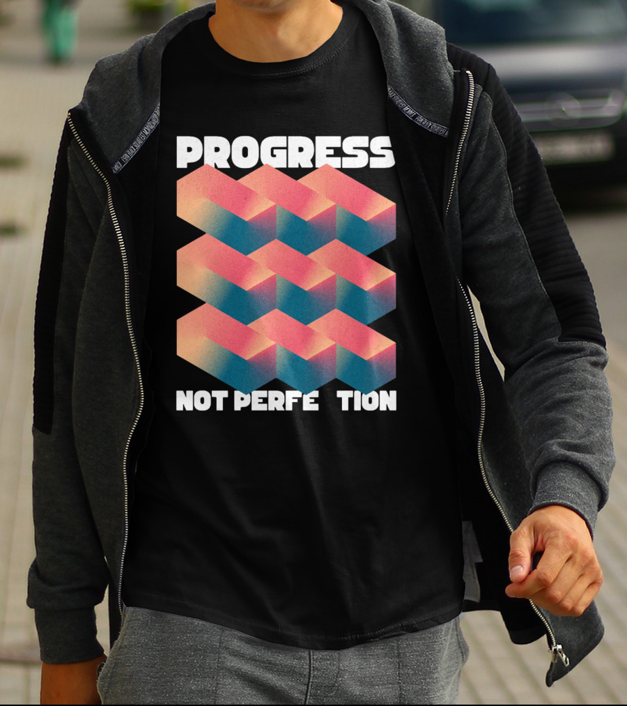 PROGRESS NOT PERFECTION Geometric Illusion 3D Blocks T-Shirt