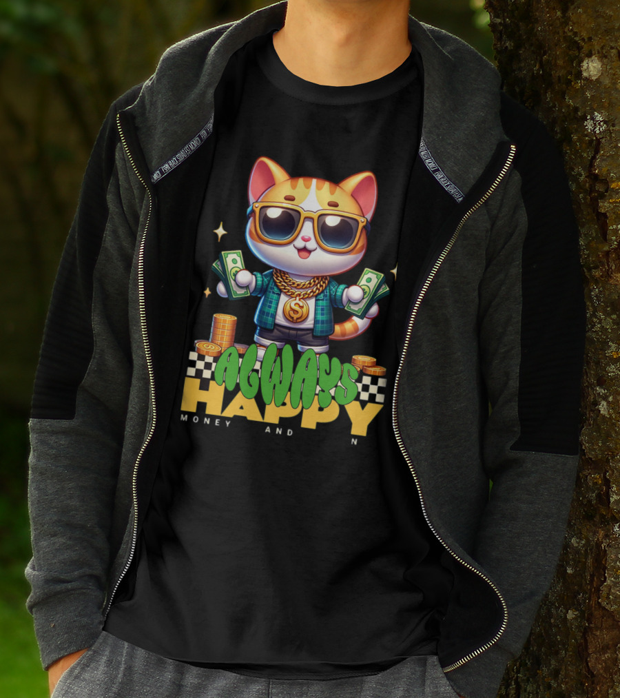 Always Happy Money And Fun Cool Cat With Sunglasses And Cash T-Shirt