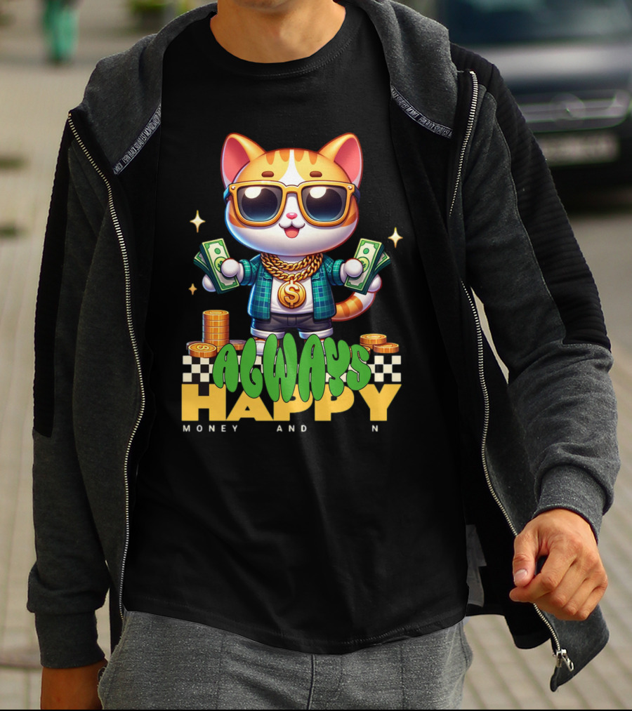 Always Happy Money And Fun Cool Cat With Sunglasses And Cash T-Shirt
