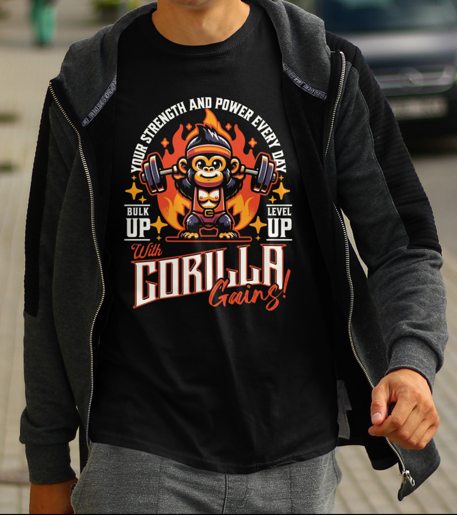 Your Strength And Power Every Day With Gorilla Gains Bulk Up Level Up T-Shirt