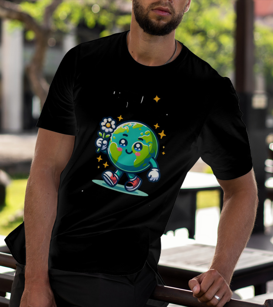 Be Kind To Our Planet And To Others Cute Earth Character With Flower And Stars T-Shirt