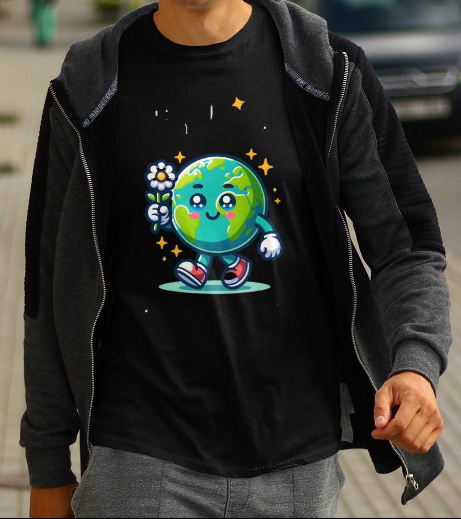 Be Kind To Our Planet And To Others Cute Earth Character With Flower And Stars T-Shirt