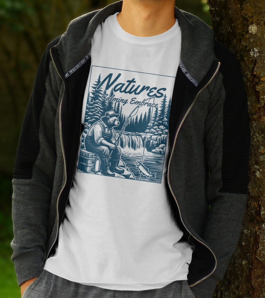 Natures Calming Embrace Bear Fishing By Waterfall T-Shirt