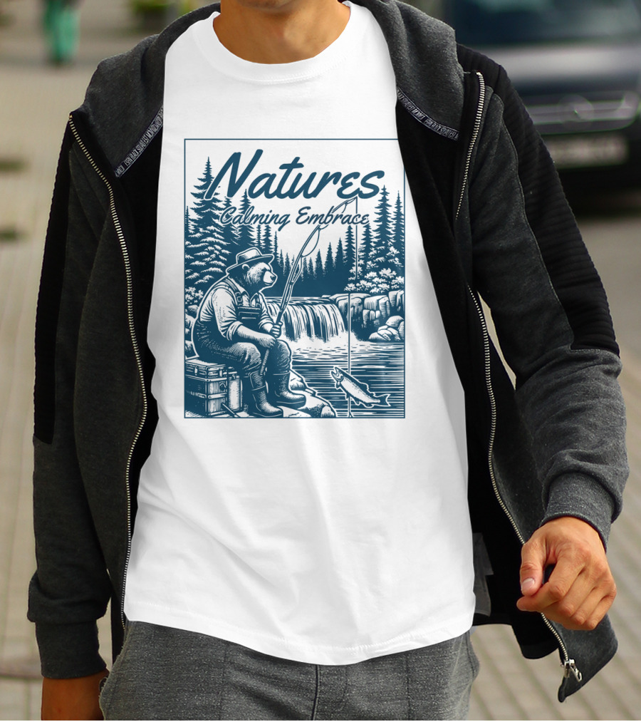 Natures Calming Embrace Bear Fishing By Waterfall T-Shirt